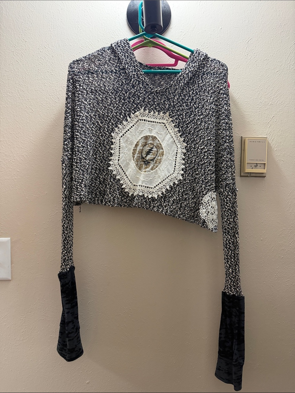 Cropped Black & White Grateful Dead Hooded Sweater with Lace Appliqué
